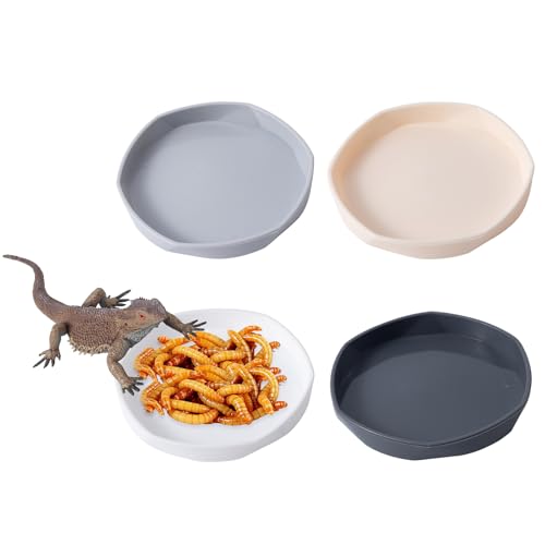 4 Pack Small Reptile Food Dish Bowl, Plastic Worm Water Dish Plate for Lizard Gecko Bearded Dragon Chameleon 4" W x 4" D x 0.5" H, White and Grey
