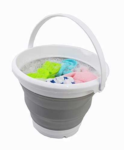 SAMMART 5.5L (1.4 Gallon) Collapsible Plastic Bucket with Handle - Foldable Round Tub - Portable Fishing Water Pail - Space Saving Outdoor Waterpot. (1, White/Grey)