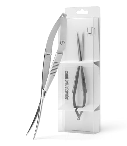 UNS Aquascaping Tools - Stainless Steel Rust Resistant, Freshwater Planted Tank, Saltwater Reef Aquarium Maintenance Accessory - Trimming Stems & Carpets Coral Cutting - Curved Spring Scissors, Silver