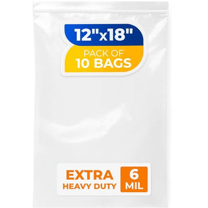 12" x 18" Reclosable Plastic Zip Bags, Pack of 10, 6 Mil Heavy-Duty Clear Poly Bags, Resealable for Food, Clothes, Hardware, Jewelry - size: 12"W x 18"H