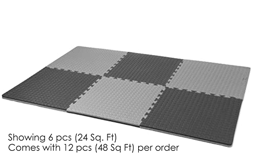 1" Extra Thick 48 sq ft Reversible EVA Gym Foam Floor Mat Tiles (24" x 24"), Steel Pattern, 12 pcs, Black & Grey