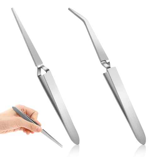 Reverse Tweezers, 2 Pcs Reverse Tweezers for Crafting, Rubber Tipped Electronics Tweezer Stainless Steel Bent and Straight Flat Tip Cross Locking Precision Tweezer Set for Crafts Jewelry Beads Coins