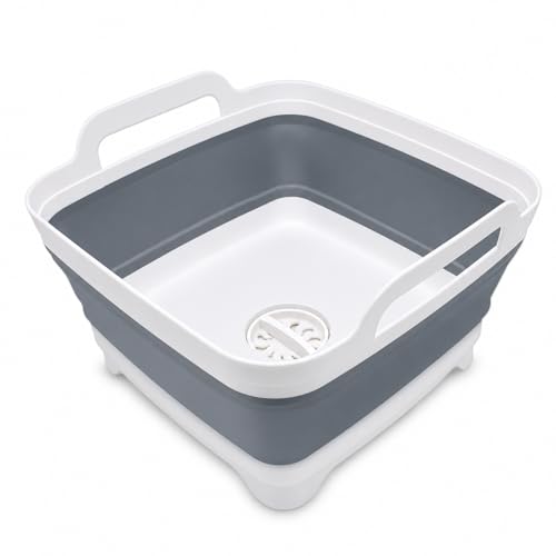 2.4 Gal(9L) Collapsible Dish Basin with Drain Plug, Space Saving Outdoor Multiuse Foldable Sink Tub, Dishpan, Kitchen Storage Tray for Camping, Vegetable Washing, RV (Gray) - color: Gray