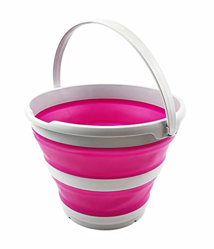 SAMMART 10L (2.6 Gallon) Collapsible Plastic Bucket - Foldable Round Tub - Portable Fishing Water Pail - Space Saving Outdoor Waterpot, Size 33cm Dia (Grey/Flamingo) - color: Grey/Flamingo