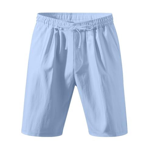 Linen Cargo Shorts for Men 2025 Summer Casual Elastic Waist Drawstring Lightweight Workout Beach Shorts with Pockets Sky Blue M