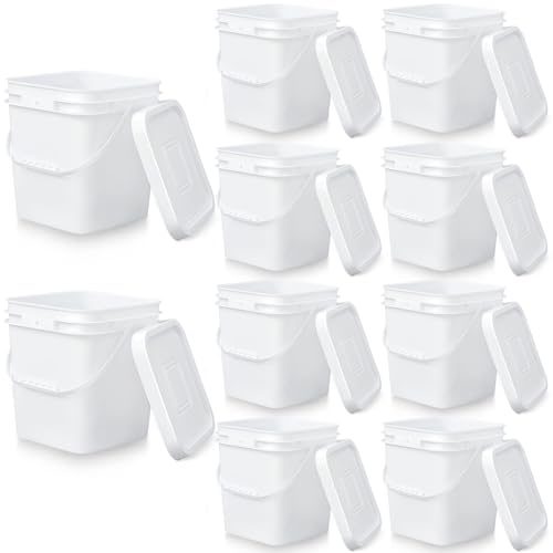 10 Pcs 3.5 Gallon Square Food Grade Bucket with Lid Plastic Buckets Pail with Handle Lid Heavy Duty Buckets for Storing Dry Food Charcoal Camping Fishing(White) - color: White, style: Square