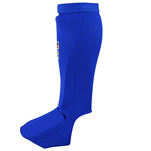 Slip On Elastic Muay Thai Shin Guards – Kickboxing, MMA Sparring and Training Protective Instep Shin Pads - color: Blue, size: Large-X-Large