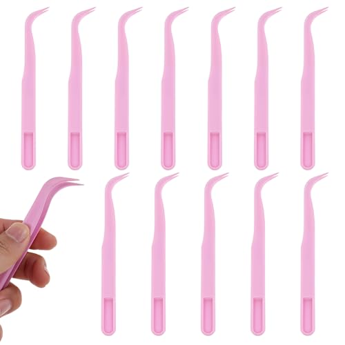 Exircy 12 Pcs Plastic Tweezers 4.5 Inch Bent Tweezers Curved Pointed