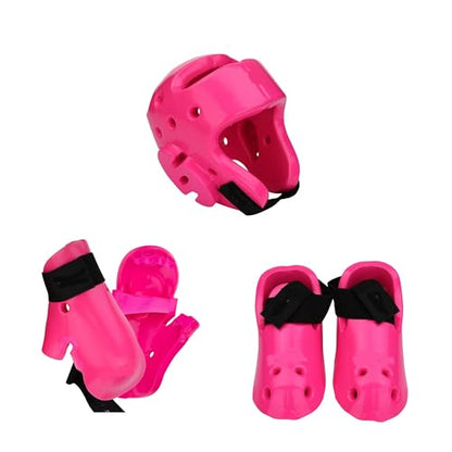 Martial Arts Karate Kenpo Taekwondo Sparring Gear Set with Kicks, Gloves and Head Gear - color: pink, size: 5-6 shoe, adult small gloves