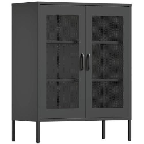 Metal Storage Cabinet with Mesh Doors, Black Metal Locker Cabinet with Shelves, Short Coffee Bar TV Stand, Low Buffet Sideboard for Kitchen Office Living Room, 40in Tall - color: Black