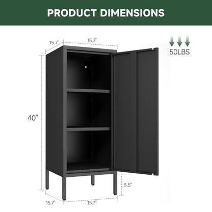 Metal Storage Cabinet with Door & 2 Adjustable Shelves 39.5” Small Storage Cabinet with Magnetic Closure for Home Office Garage Kitchen (Black)
