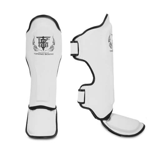 Top King New Pro Leather Shin Guards for Muay Thai - color: White-Black, size: Medium