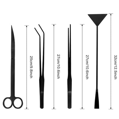 Aquarium Aquascaping Tool Stainless Steel Aquascape Tools Kit 4 in 1 Anti-Rust Fish Tank Starter Kit with Tweezers Scissors Spatula for Aquarium Plants (Black) - color: Black