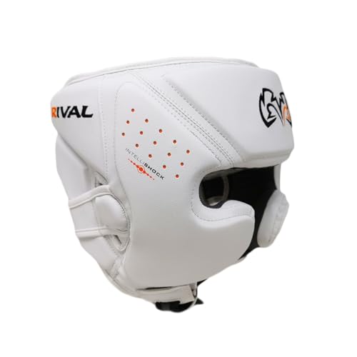 RIVAL Boxing RHG10 Intelli-Shock Headgear, D3O Front and Side Padding, Hook and Loop Back Adjustment with Lace on Top, and Anatomical Rear Head Pad Every Time - color: White, size: Small