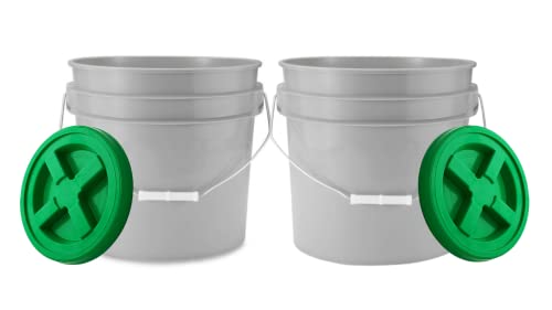 3.5 Gallon Food Grade Grey Bucket Pail with Green Screw on Air-Tight Lid (Pack of 4) BPA Free containers -Made in USA