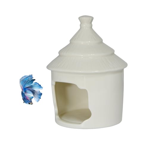 Saim Cute Aquarium Decorations Ceramic Palace Little Grass Hut Shaped Toad House, Betta Fish Tank Accessory Decor Ornament Hideout Pleco Cave for Fish Playing or Hiding - White - color: White
