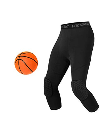 Unlimit Basketball Pants with Knee Pads, Black Knee Pads Compression Pants, 3/4 Capri Leggings - size: 3X-Large