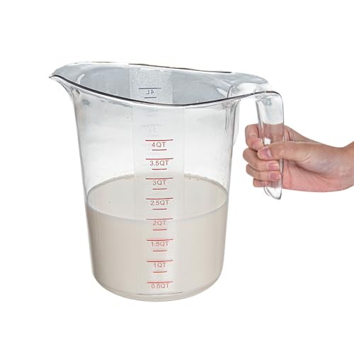 Restaurantware RW Base 4 Quart Measuring Jar 1 Durable Measuring Beaker - Metric And Imperial Units V-Shaped Spout Clear Plastic Measuring Cup Handle With Thumb-Grip Tolerates Up To 248F - color: Clear, size: 9.50" × 7.25" × 9.50"