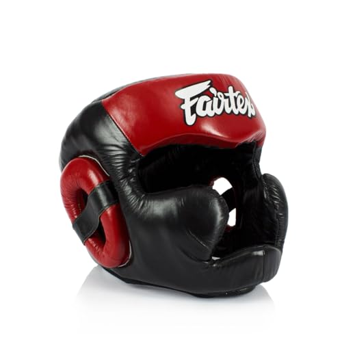 Fairtex Full Head Guard, Muay Thai MMA Sparring Helmet Protective Headgear - color: HG13 Full Head-Black/Red, size: Medium