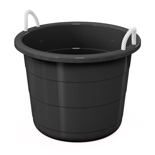 Flexible 17-Gallon Plastic Storage Tub with Rope Handles, Lightweight, Multi-Purpose, Black, 21.5x21.5x16.5 Inch, Indoor/Outdoor Use