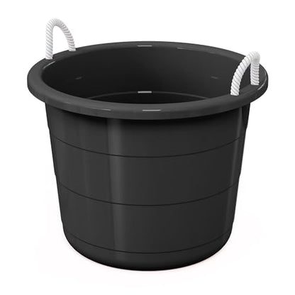 Flexible 17-Gallon Plastic Storage Tub with Rope Handles, Lightweight, Multi-Purpose, Black, 21.5x21.5x16.5 Inch, Indoor/Outdoor Use