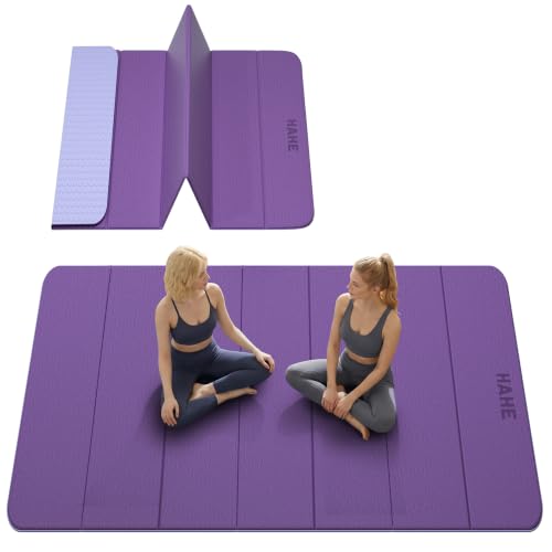 HAHE Extra Wide Folding Exercise Mat 75"x40"x0.4" TPE Fitness Mat | High Density Foldable Yoga Mat, Non-Slip Yoga Mat for Home Gym, Strength Training, Travel, 7-Fold Portable for Women, Men - color: Deep Purple & Light Purple
