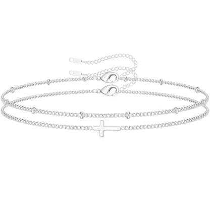 18K Gold Plated Small Cross Bracelet for Women | Tiny Cute Cross Bracelets | Beaded Bracelet | Hip Hop Knot | Hand Chain Bracelets | Gold Jewelry Gifts for Women - color: Cross Set Silver(2PCS)