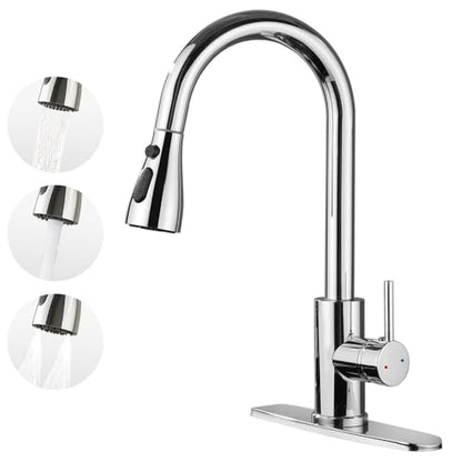 Kitchen Faucet with Pull Down Sprayer，Stainless Steel Single Handle Kitchen Faucet，1/3 Hole, Deck Plate Included，Suitable for farmhouses, Campers, Laundry Rooms, RVs, and Bars (Chrome)