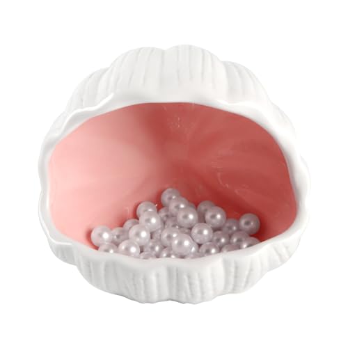 AnRui Cute Betta Fish Tank Decor Ceramic Conch Shell-Shaped House Thematic Hideout Cave for Fish Playing or Hiding Underwater World Aquarium Background Pearl Ornament, Pink - color: Pink+50pcs Pearl, size: Small