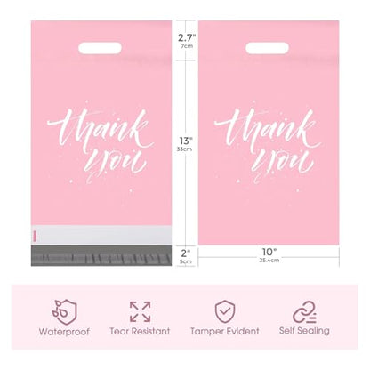 Metronic Thank You Poly Mailers 10x13 100 Pcs, Easy to Carry Shipping Bags with Handle, Self Seal Mailers Poly Bags for Small Business Packing and Shipping, Cute Package Bags Mailing Bags, Pink - color: Pink, size: 10X13" 100PC