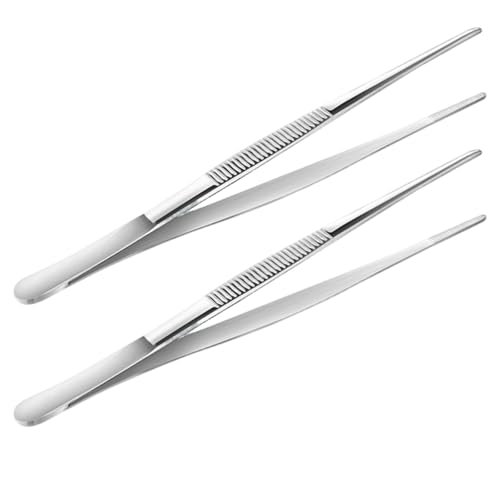 2 Pcs Stainless Steel Tweezers, 11.8 in (30 cm) Extended Length, Round and Curved Tip, 304 Grade, for Repairing, DIY Crafts, Aquascaping, Feeding, Chef's Food Styling, Anti-Corrosion