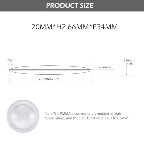 Double Convex Lens - 20mm Diameter, 34mm Focal Length, Optical biconvex Lens for Physics Experiments, Photography, Magnifying, and DIY Projects - Pack of 5pcs (20mm x H2.66mm x F34) - size: 20mm x H2.66mm x F34