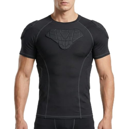 TUOY New Football Rib Chest Protector Shirt Padded Compression Shirts 6 Pads Adult Sizes Dark Black - color: A Black, size: XX-Large
