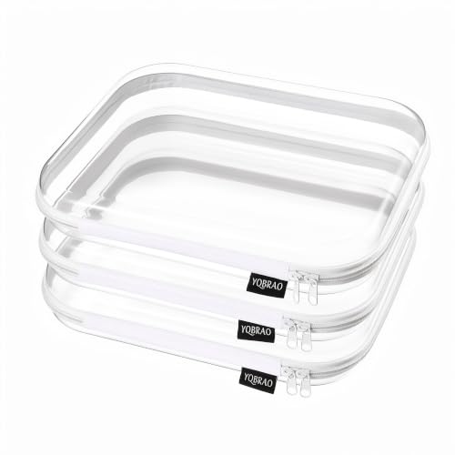 YQBRAO Clear Hard Shell Zipper Cases, 3 Large Travel Organizers, White | Rigid 1.2 mm PET and YKK dual zippers for full-size toiletries, makeup palettes, electronics and craft supplies - color: White, size: 3 Pack(L)