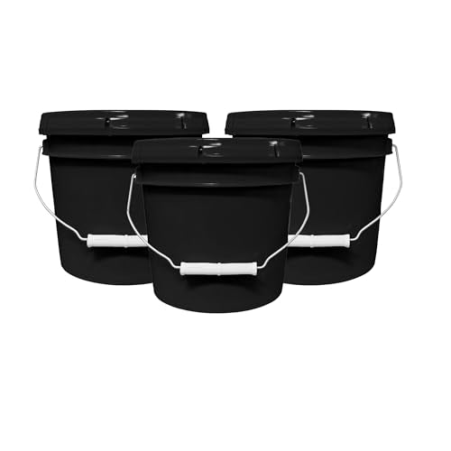 1-Gallon Bucket with Airtight Lid – Made in USA, Food Grade BPA Free Plastic, Heavy Duty Multi-Use, Metal Handle with Grip, Stackable Storage – Black, 3 Pack - color: Black, size: 3