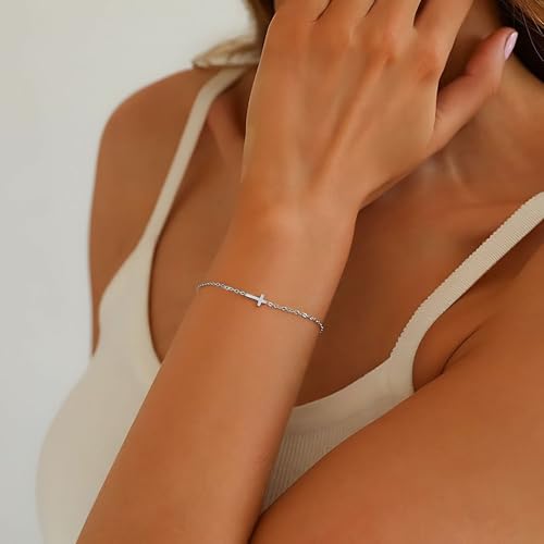 18K Gold Plated Small Cross Bracelet for Women | Tiny Cute Cross Bracelets | Beaded Bracelet | Hip Hop Knot | Hand Chain Bracelets | Gold Jewelry Gifts for Women - color: Cross Set Silver(2PCS)