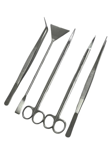 GERMAN FISH AQUARIUM CLEANING KIT STAINLESS 5PCS WITH POUCH BASIC TOOLS SCISSORS TWEEZERS SPATULA CYNAMED