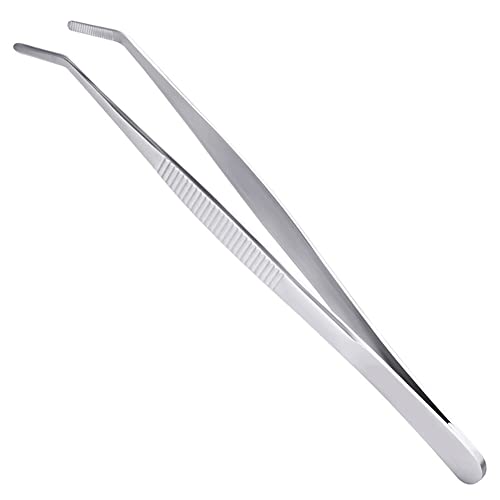 Long Forceps Tweezers, Serrated Bent Flat Tips Precision Curved Science Surgical Tongs Jewelers Needle Metal Sewing Sharp Small Kitchen Cooking Tweezers With Teeth Knurled Handles (1PCS) - color: Bent -1pcs-8inch