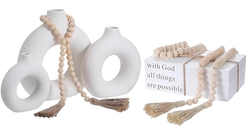 8 Pcs Rustic Vase Centerpieces Set Included Boho Ceramic Vase Decorative Books Wood Bead Garland with Tassels for Farmhouse Table Island Living Room Decor(with God All Things are Possible)