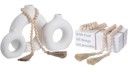 8 Pcs Rustic Vase Centerpieces Set Included Boho Ceramic Vase Decorative Books Wood Bead Garland with Tassels for Farmhouse Table Island Living Room Decor(with God All Things are Possible)