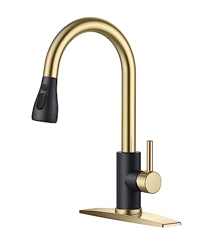 FORIOUS Kitchen Faucets with Pull Down Sprayer, High Arc Single Handle Classic Stainless Steel Sink Faucet 1 or 3 Hole, Suitable for Farmhouse Camper Laundry Rv Bar, Black Gold - color: Black&Gold, style: Classic