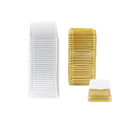 50Pcs Square Plastic Cake Boxes with Lids, 2.73" Clear PET Dessert Containers for Cupcakes, Muffins, Pastries, Bakery Packaging for Wedding, Birthday, Party Favors (gold base) - color: gold base