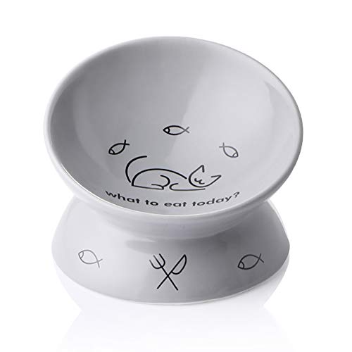 Sweejar Ceramic Raised Cat Bowls, Slanted Cat Dish Food or Water Bowls, Elevated Porcelain Pet Feeder Bowl Protect Cat's Spine, Stress Free, Backflow Prevention (Gray)