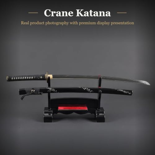 Hand Forged 1045 Heat-Tempered Katana, Full Tang Sword - color: Black, Mother of Pearl Crane
