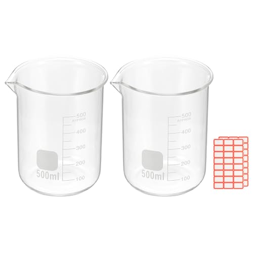 PATIKIL 500ml Glass Beaker, 2 Pack Measuring Glass Beaker Graduated Borosilicate Lab Cups Mug Low Form Heat Safe Transparent with Spout Label for Laboratory Science Kitchen Liquids - size: 500ml