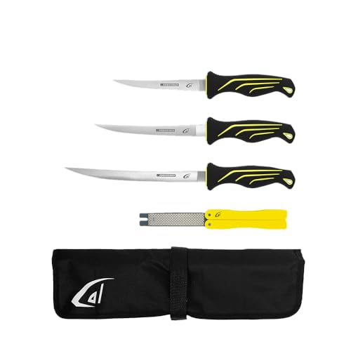danco 5PC Fillet Knife Kit, 6",7",9" with Roll Bag & Folding Sharpener, Fish Fillet and Deboning Knives, Freshwater/Saltwater Fishing, Non-Slip Handle, Durable Roll Bag, Stainless Steel Blades - style: Fillet Knives With Sharpener