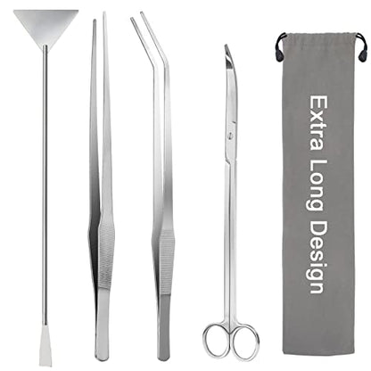 Aquarium Aquascape Tools Kit 15in, 4 in 1 Anti-Rust Aquatic Plant Aquascaping Tool Stainless Steel Tweezers Scissor Spatula for Aquarium Tank Clean Fish Tank Aquascape Accessories Set(Silver) - color: Silver