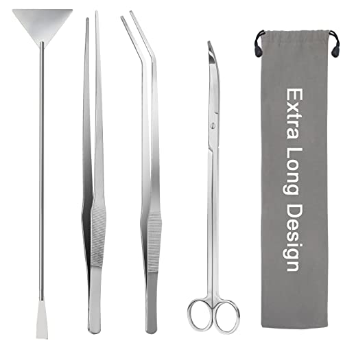 Aquarium Aquascape Tools Kit 15in, 4 in 1 Anti-Rust Aquatic Plant Aquascaping Tool Stainless Steel Tweezers Scissor Spatula for Aquarium Tank Clean Fish Tank Aquascape Accessories Set(Silver) - color: Silver