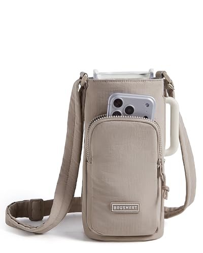BAGSMART 40oz Water Bottle Holder with Strap, Quilted Gym Accessories | Magnetic or Classic Design, Lightweiht Tumbler Drink Carrier, Quilted Crossbody Purse - color: Khaki, size: 40oz Magnetic