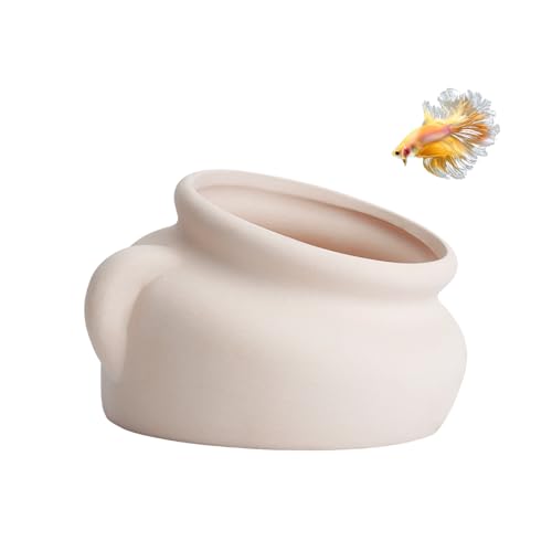 AnRui Pottery Jar Natural Fish Tank Decortation Aquarium Decor Betta Cave Hideout Ornament Accessories for Fish, Shrimp, for Fish Tanks of 5/10/15 Gallons, Beige